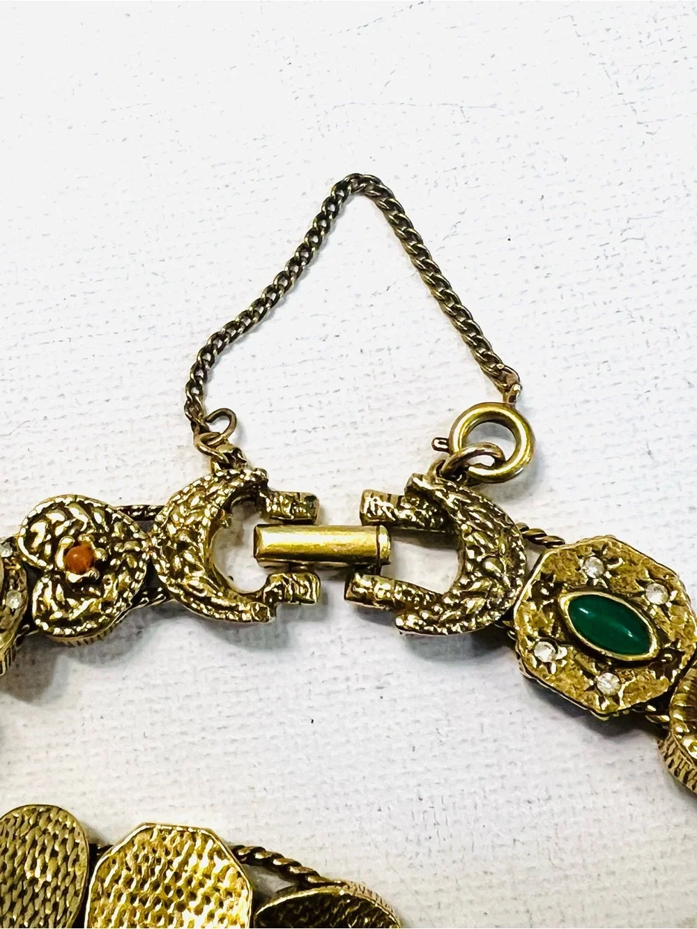 Vintage Signed Goldette NY Multiple Gemstones Safety Chain Slide Charm Bracelet